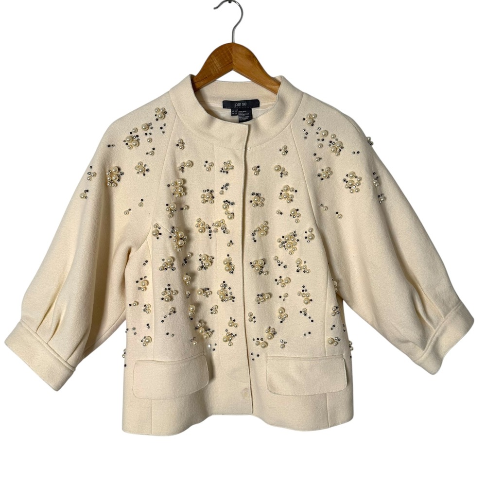 Per Se Carlisle Pearl‎ Rhinestone Wool Jacket Womens 12 Cream Embellished FLAW